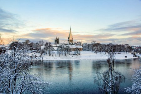 Winter in Trondheim, view of the river Nidelva and the Cathedral Nidarosdomen 