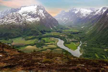Aerial view of the mountains area Romsdalen and Isterdalen  located at the mouth of the river Rauma and at the shores of the Romsdalsfjord.