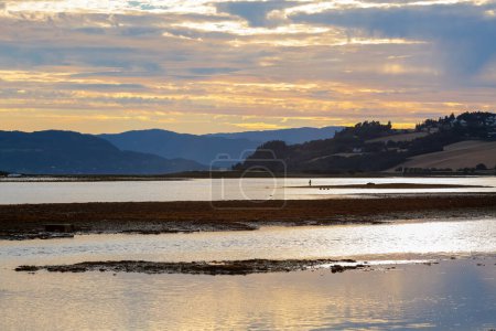 River Gaula, Trondheim fjord, agricultural area Byneset, Gaulosen nature reserve and fishing man during low tide and colorful august sunset