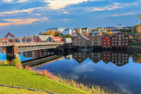 Autumn in Trondheim, view of the river Nidelva and the bridge Den Gamle Bybru 