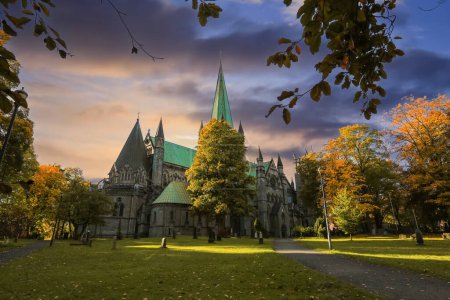 Autumn in Trondheim, view of the cathedral Nidarosdomen