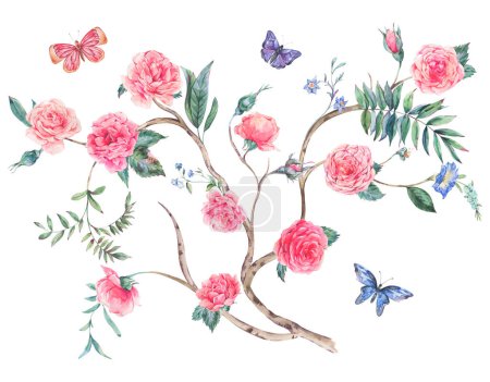 Téléchargez les photos : Bouquet de roses jardin aquarelle, arbre fleuri, illustration Chinoiserie - en image libre de droit
