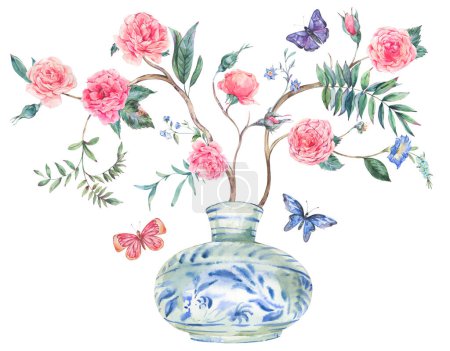 Téléchargez les photos : Bouquet de roses jardin aquarelle, arbre fleuri, illustration vase bleu chinois - en image libre de droit