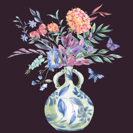 Téléchargez les photos : Bouquet aquarelle fleurs sauvages, illustration florale vase bleu chinois - en image libre de droit