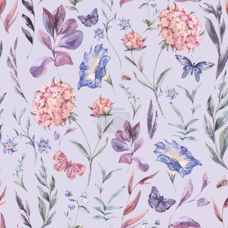 Photo for Watercolor botanical wildflowers seamless pattern - Royalty Free Image