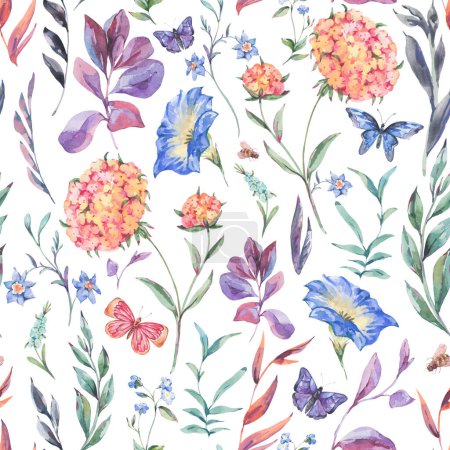Foto de Acuarela botánica flores silvestres patrón sin costuras, textura natural - Imagen libre de derechos