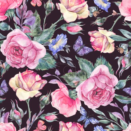 Watercolor vintage garden rose bouquet seamless pattern, botanical floral texture on black