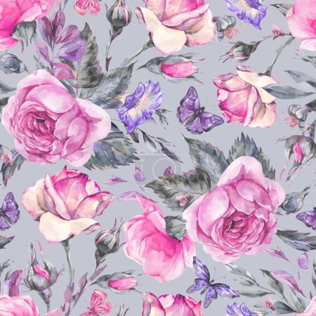 Photo for Watercolor vintage garden rose bouquet seamless pattern, botanical flowers - Royalty Free Image