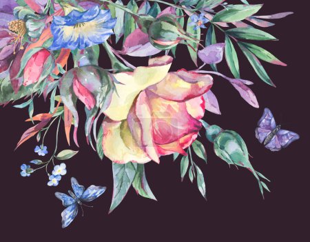Téléchargez les photos : Aquarelle vintage jardin rose bouquet carte de vœux, illustration florale botanique - en image libre de droit