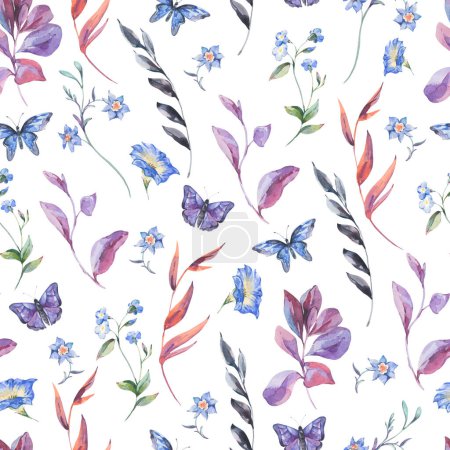 Téléchargez les photos : Aquarelle botanique motif sauvage sans couture fleurs, texture florale naturelle sur blanc - en image libre de droit