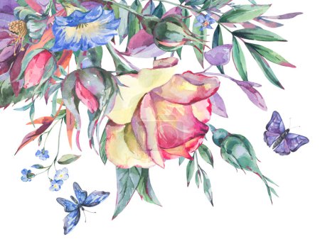Téléchargez les photos : Aquarelle vintage jardin rose bouquet carte de vœux, illustration florale botanique - en image libre de droit