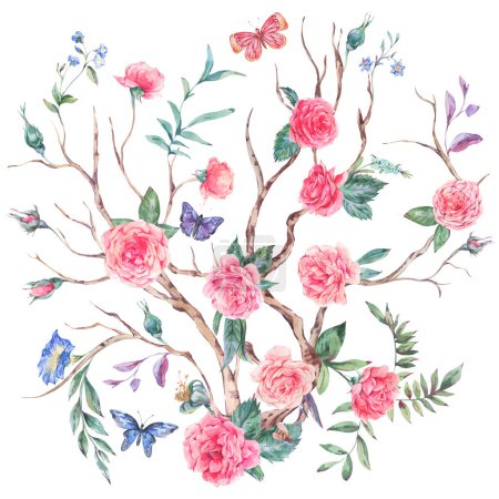 Foto de Ramo de rosas de jardín de acuarela, árbol en flor, Chinoiserie ilustración aislada en blanco - Imagen libre de derechos