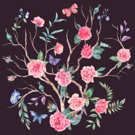 Téléchargez les photos : Bouquet de roses jardin aquarelle, arbre fleuri, illustration Chinoiserie isolée sur noir - en image libre de droit