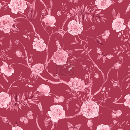 Photo for Watercolor garden rose bouquet, blooming tree seamless pattern, Chinoiserie floral texture on red - Royalty Free Image