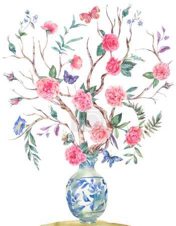Téléchargez les photos : Bouquet de roses jardin aquarelle, arbre en fleurs, illustration vase bleu chinois isolé sur blanc - en image libre de droit