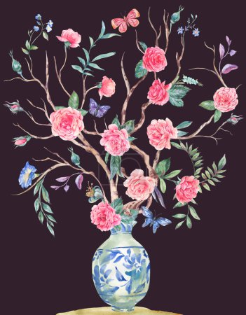 Téléchargez les photos : Bouquet de roses jardin aquarelle, arbre fleuri, illustration vase bleu chinois isolé sur noir - en image libre de droit