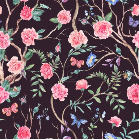 Téléchargez les photos : Bouquet de roses jardin aquarelle, motif fleuri arbre sans couture, texture florale chinoiserie sur noir - en image libre de droit
