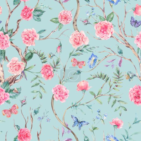 Photo for Watercolor garden rose bouquet, blooming tree seamless pattern, Chinoiserie floral texture on blue - Royalty Free Image