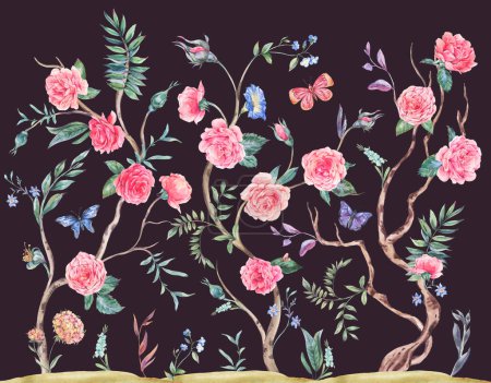 Téléchargez les photos : Bouquet de roses jardin aquarelle, arbre fleuri, illustration Chinoiserie isolée sur noir - en image libre de droit