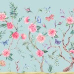 Watercolor garden rose bouquet, blooming tree, Chinoiserie illustration isolated on blue