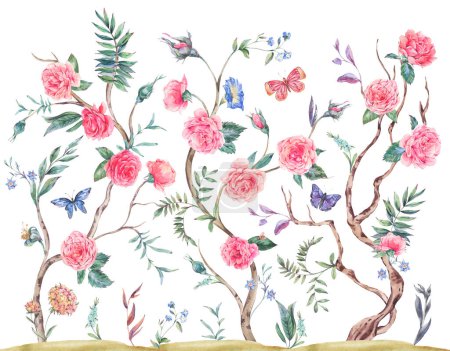 Aquarell Garten Rosenstrauß, blühender Baum, Chinoiserie Illustration isoliert auf weiß