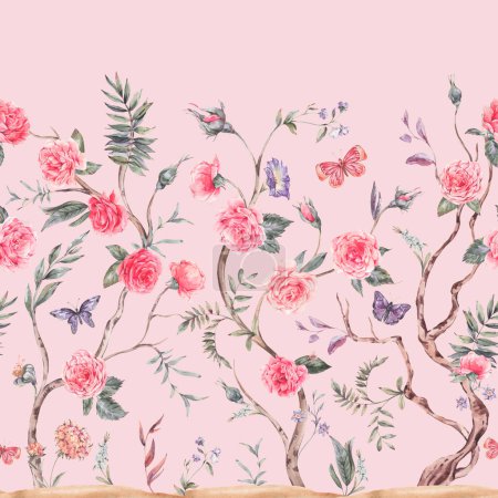 Téléchargez les photos : Bouquet de roses jardin aquarelle, bordure sans couture arbre fleuri, texture florale chinoiserie sur rose - en image libre de droit