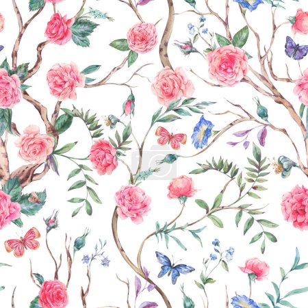 Téléchargez les photos : Bouquet de roses jardin aquarelle, motif fleuri arbre sans couture, texture florale chinoiserie sur blanc - en image libre de droit