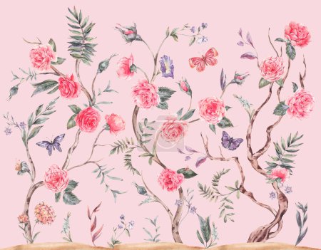 Téléchargez les photos : Bouquet de roses jardin aquarelle, arbre fleuri, illustration Chinoiserie isolée sur rose - en image libre de droit