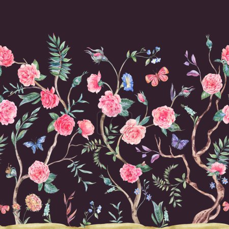 Téléchargez les photos : Bouquet de roses jardin aquarelle, bordure sans couture arbre fleuri, texture florale chinoiserie sur noir - en image libre de droit