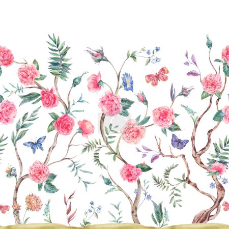 Téléchargez les photos : Bouquet de roses jardin aquarelle, bordure sans couture arbre fleuri, texture florale chinoiserie sur blanc - en image libre de droit