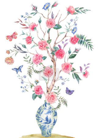 Téléchargez les photos : Bouquet de roses jardin aquarelle, arbre en fleurs, illustration vase bleu chinois isolé sur blanc - en image libre de droit
