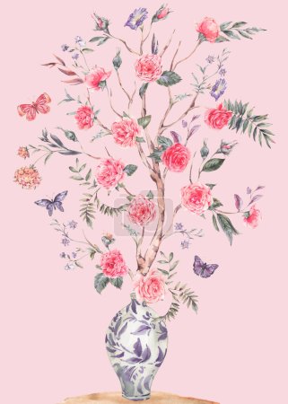 Aquarell Garten Rosenstrauß, blühender Baum, chinesische blaue Vase Illustration isoliert auf rosa