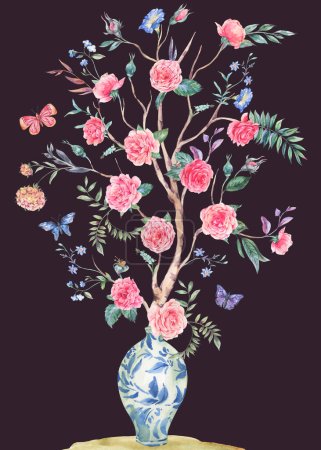 Photo for Watercolor garden rose bouquet, blooming tree, Chinese blue vase illustration isolated on black - Royalty Free Image