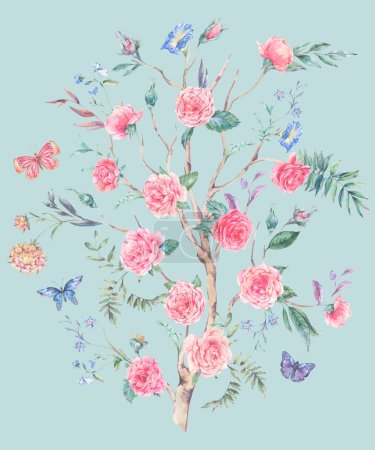 Téléchargez les photos : Bouquet de roses jardin aquarelle, arbre fleuri, illustration Chinoiserie isolée sur bleu - en image libre de droit