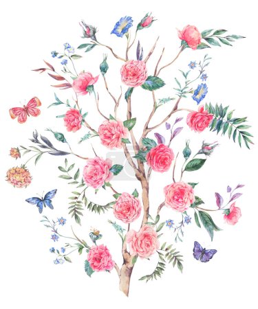 Téléchargez les photos : Bouquet de roses jardin aquarelle, arbre fleuri, illustration Chinoiserie isolée sur blanc - en image libre de droit