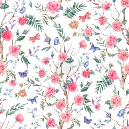 Foto de Ramo de rosas de jardín de acuarela, patrón sin costuras de árbol floreciente, textura floral Chinoiserie en blanco - Imagen libre de derechos