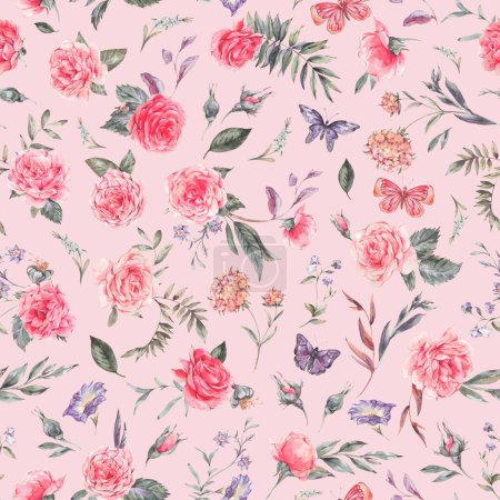 Photo for Watercolor vintage garden rose bouquet seamless pattern, botanical floral texture on pink - Royalty Free Image