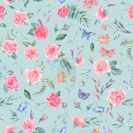 Photo for Watercolor vintage garden rose bouquet seamless pattern, botanical floral texture on blue - Royalty Free Image