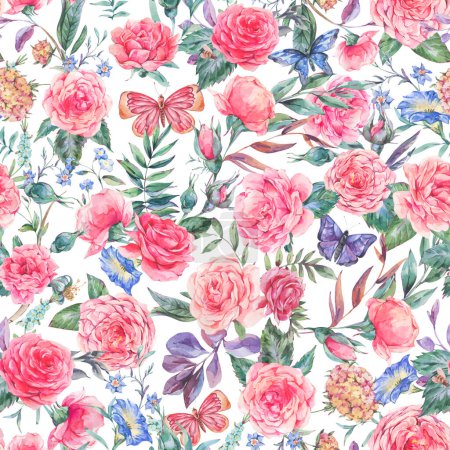 Foto de Acuarela vintage jardín rosa ramo de flores patrón sin costuras, textura floral botánica en blanco - Imagen libre de derechos