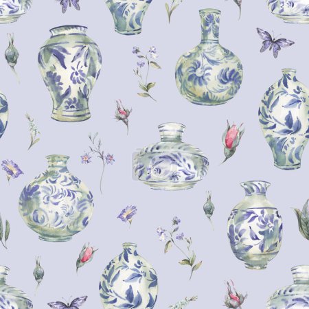 Photo for Watercolor blue porcelain Chinese vase seamless pattern, floral vintage pot texture on lavender background - Royalty Free Image
