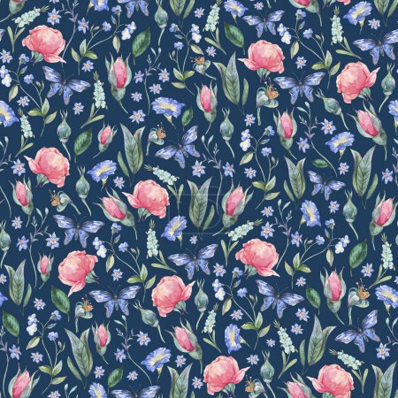 Photo for Watercolor vintage tiny garden rose bud seamless pattern, botanical floral ditsy texture on dark blue - Royalty Free Image