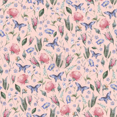 Photo for Watercolor vintage tiny garden rose bud seamless pattern, botanical floral ditsy texture on pink - Royalty Free Image