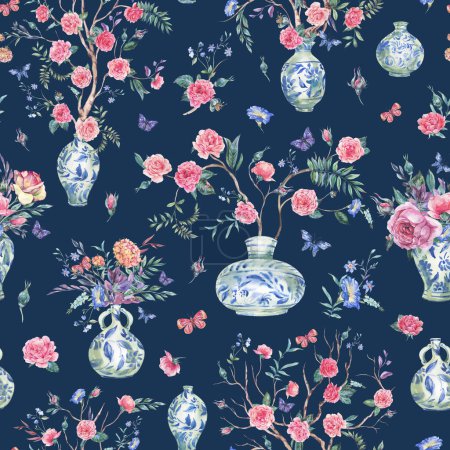 Téléchargez les photos : Bouquet de roses jardin aquarelle motif sans couture, arbre en fleurs, texture vase bleu chinois sur bleu foncé - en image libre de droit