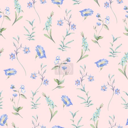 Watercolor vintage tiny blue wildflowers seamless pattern, botanical floral ditsy texture on pink