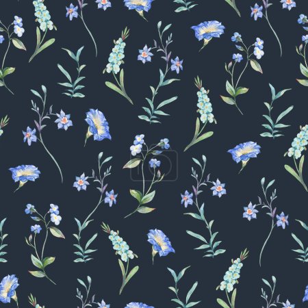 Acuarela vintage diminutas flores silvestres azules patrón sin costuras, botánica textura floral ditsy en negro
