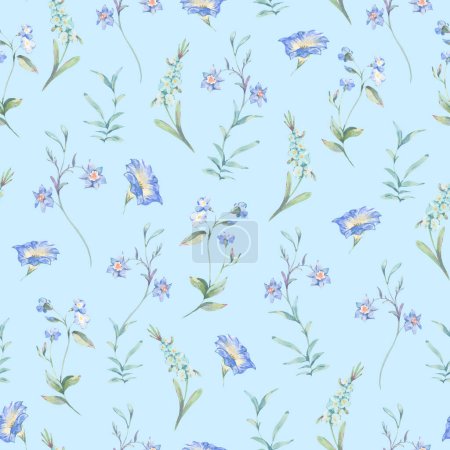 Photo for Watercolor vintage tiny blue wildflowers seamless pattern, botanical floral ditsy texture on blue - Royalty Free Image