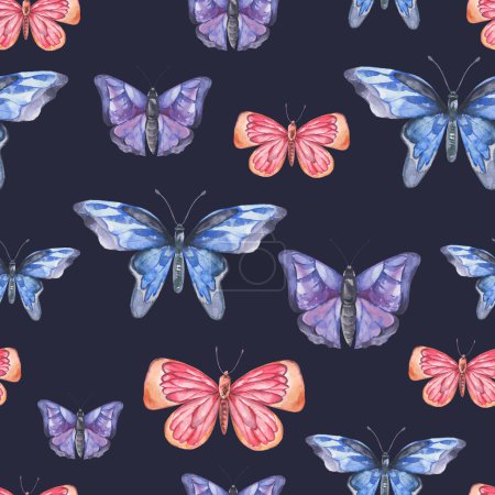 Foto de Acuarela vintage mariposas coloridas patrón sin costuras, textura de mariposa natural en negro - Imagen libre de derechos