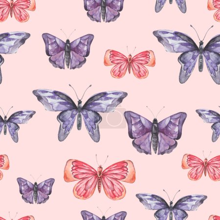 Foto de Acuarela vintage mariposas coloridas patrón sin costuras, textura de mariposa natural en rosa - Imagen libre de derechos