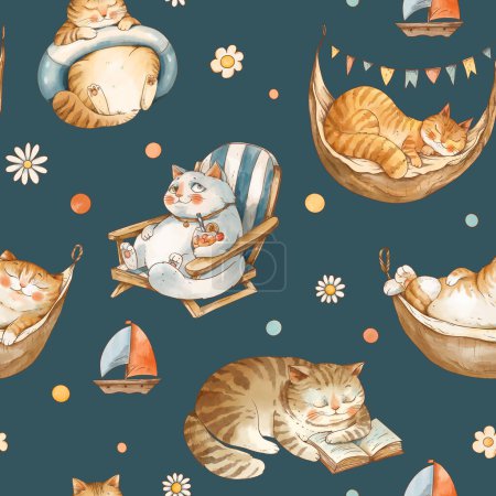 Photo for Cute vintage cats on vacation seamless pattern, watercolor whimsical texture on navy blue - Royalty Free Image