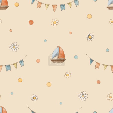 Téléchargez les photos : Cute cartoon ship seamless pattern, watercolor summer texture in neutral colors - en image libre de droit